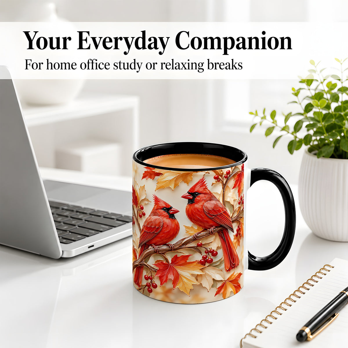 #pl[11oz|Black] Autumn Cardinal Ceramic Mug with Maple Leaves and Berry Artwork