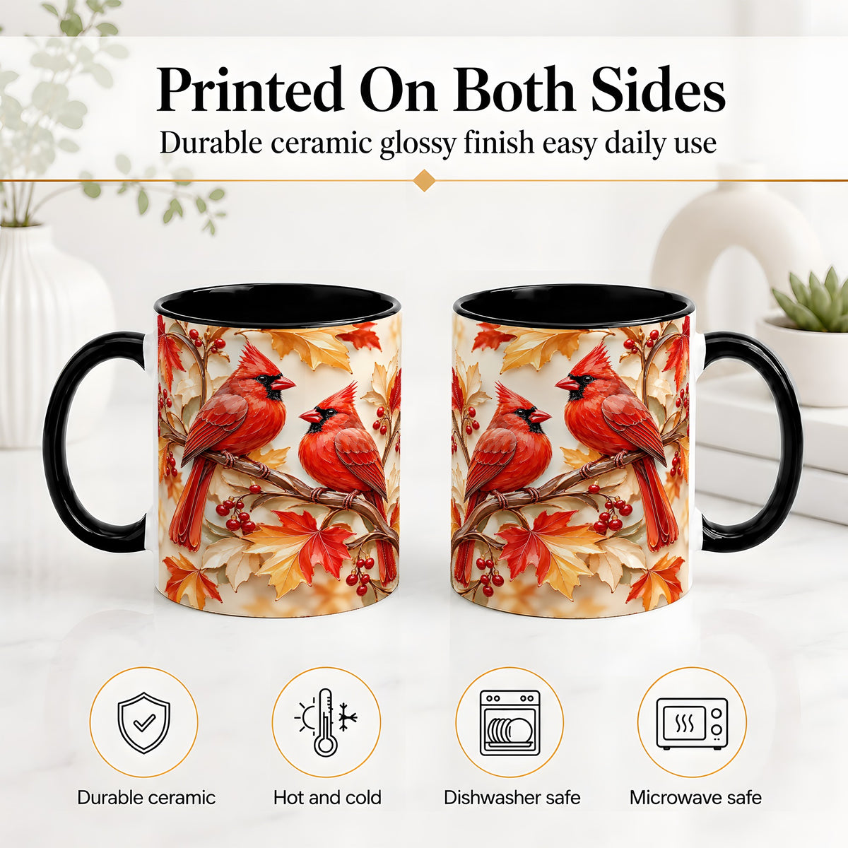 #pl[11oz|Black] Autumn Cardinal Ceramic Mug with Maple Leaves and Berry Artwork