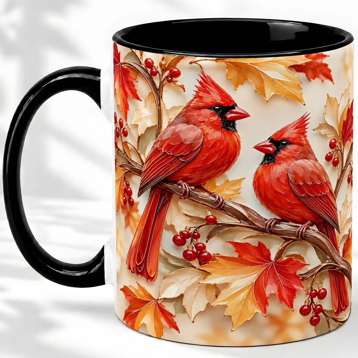 #pl[11oz|Black] Autumn Cardinal Ceramic Mug with Maple Leaves and Berry Artwork