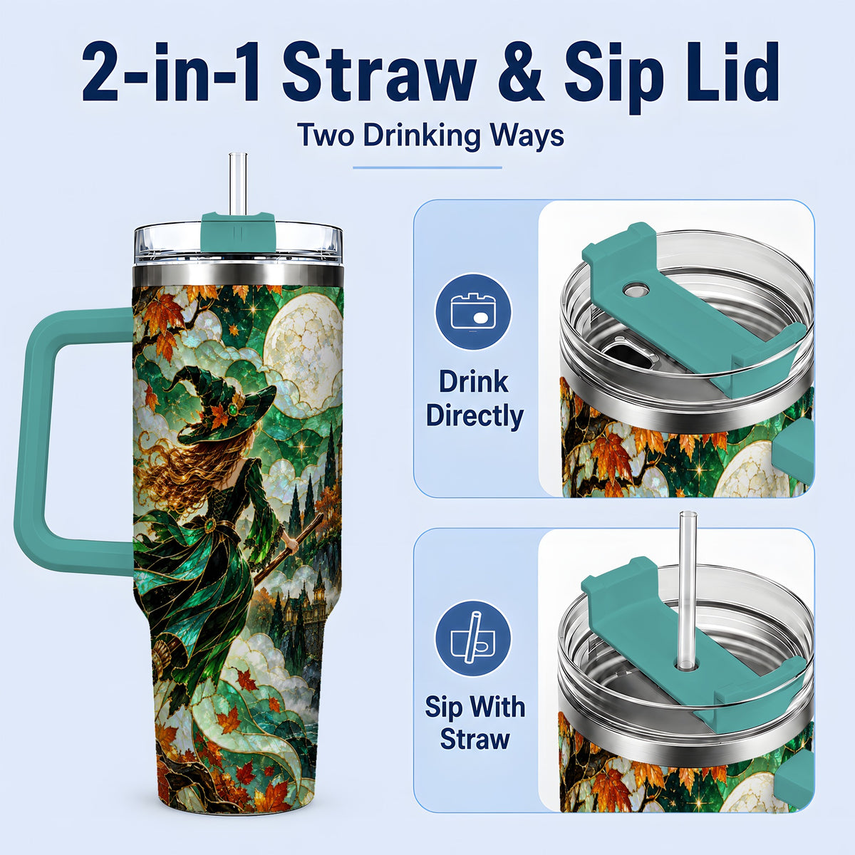 #pl[40oz|Green] Autumn Witch 40oz Tumbler with Moon, Castle and Fall Leaf Artwork