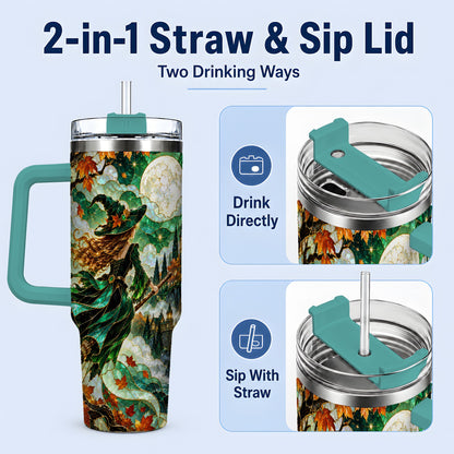 #pl[40oz|Green] Autumn Witch 40oz Tumbler with Moon, Castle and Fall Leaf Artwork