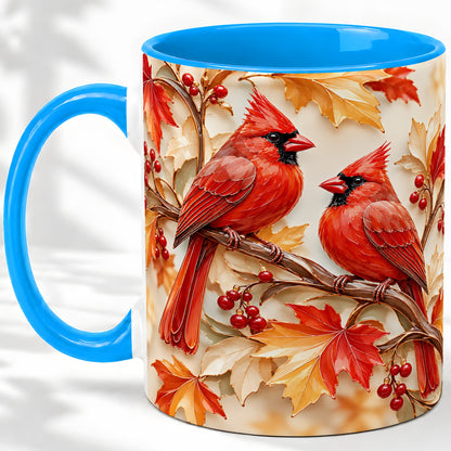 #pl[11oz|Blue] Autumn Cardinal Ceramic Mug with Maple Leaves and Berry Artwork