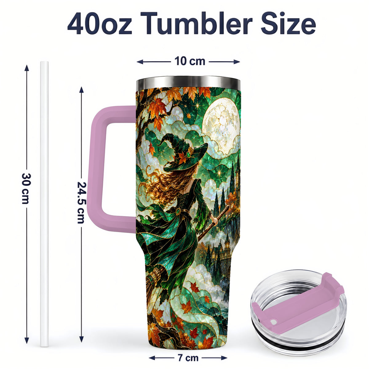 #pl[40oz|Pink] Autumn Witch 40oz Tumbler with Moon, Castle and Fall Leaf Artwork