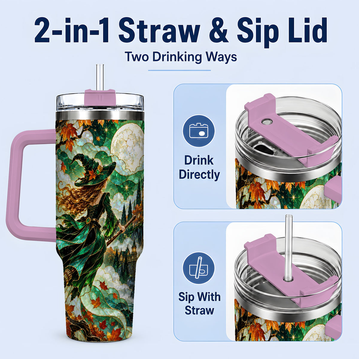 #pl[40oz|Pink] Autumn Witch 40oz Tumbler with Moon, Castle and Fall Leaf Artwork