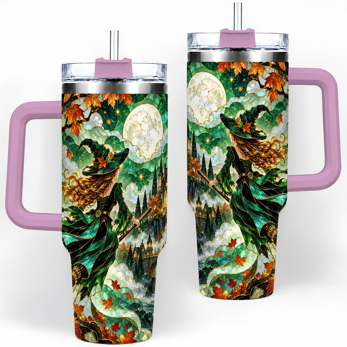 #pl[40oz|Pink] Autumn Witch 40oz Tumbler with Moon, Castle and Fall Leaf Artwork