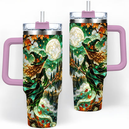 #pl[40oz|Pink] Autumn Witch 40oz Tumbler with Moon, Castle and Fall Leaf Artwork