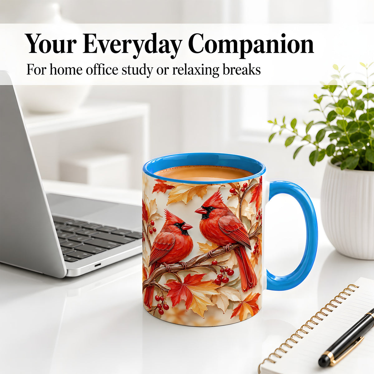 #pl[11oz|Blue] Autumn Cardinal Ceramic Mug with Maple Leaves and Berry Artwork