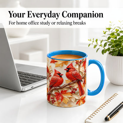 #pl[11oz|Blue] Autumn Cardinal Ceramic Mug with Maple Leaves and Berry Artwork