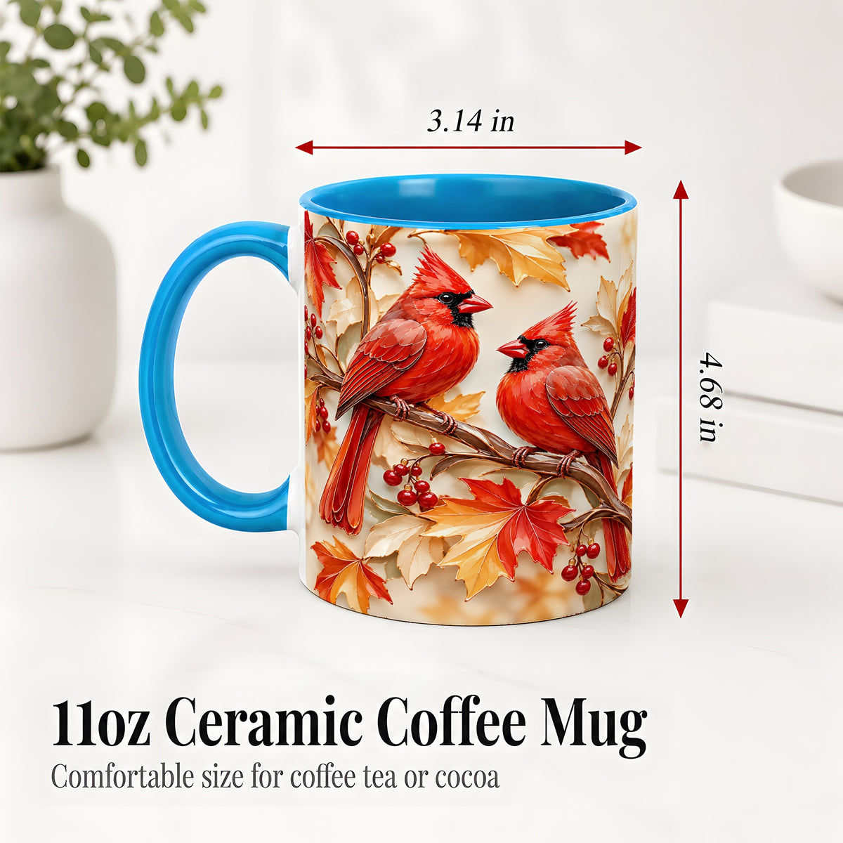 #pl[11oz|Blue] Autumn Cardinal Ceramic Mug with Maple Leaves and Berry Artwork