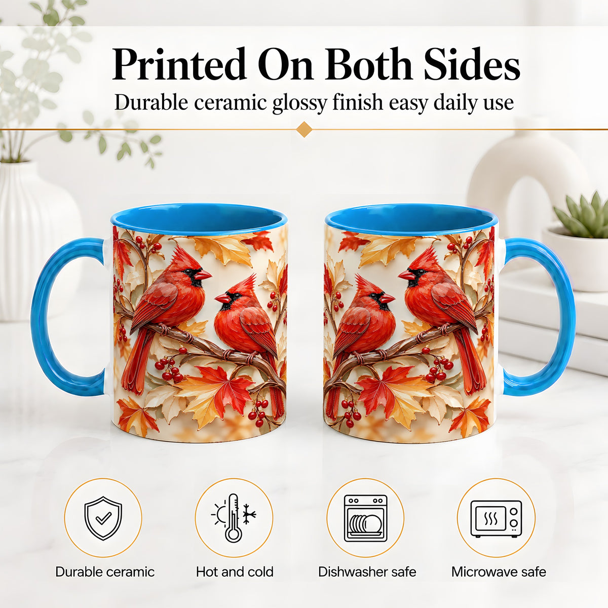 #pl[11oz|Blue] Autumn Cardinal Ceramic Mug with Maple Leaves and Berry Artwork
