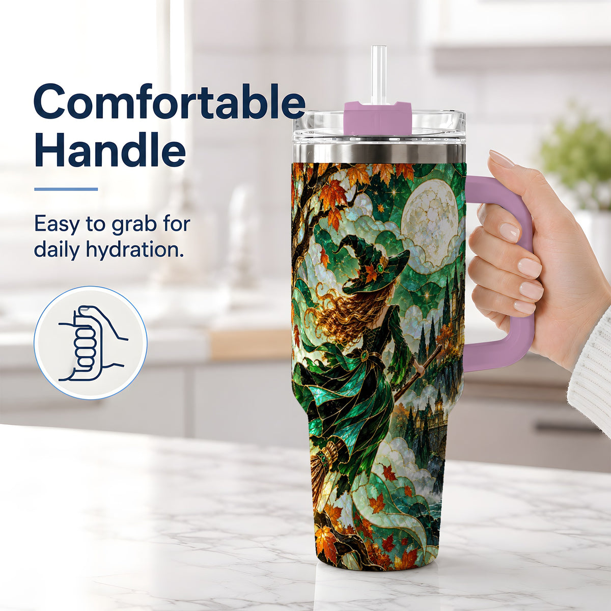 #pl[40oz|Pink] Autumn Witch 40oz Tumbler with Moon, Castle and Fall Leaf Artwork