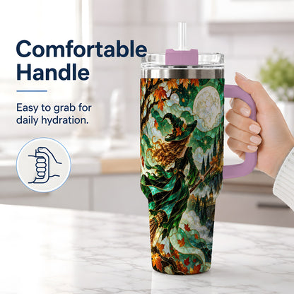 #pl[40oz|Pink] Autumn Witch 40oz Tumbler with Moon, Castle and Fall Leaf Artwork