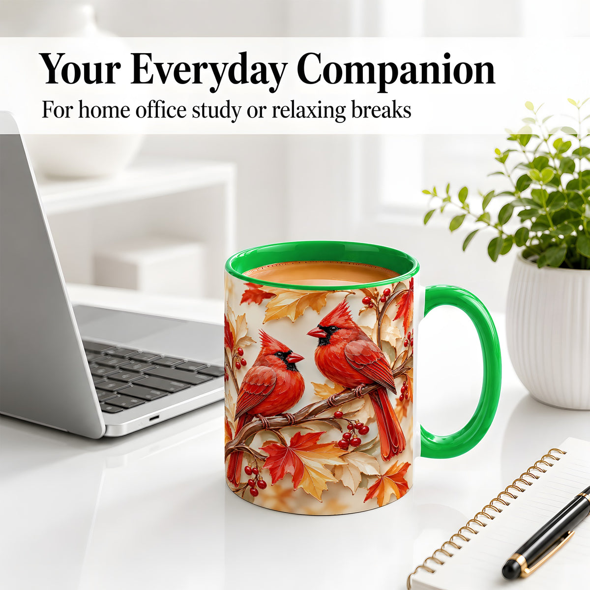 #pl[11oz|Green] Autumn Cardinal Ceramic Mug with Maple Leaves and Berry Artwork
