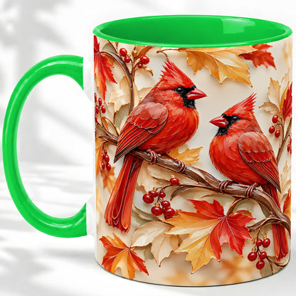 #pl[11oz|Green] Autumn Cardinal Ceramic Mug with Maple Leaves and Berry Artwork