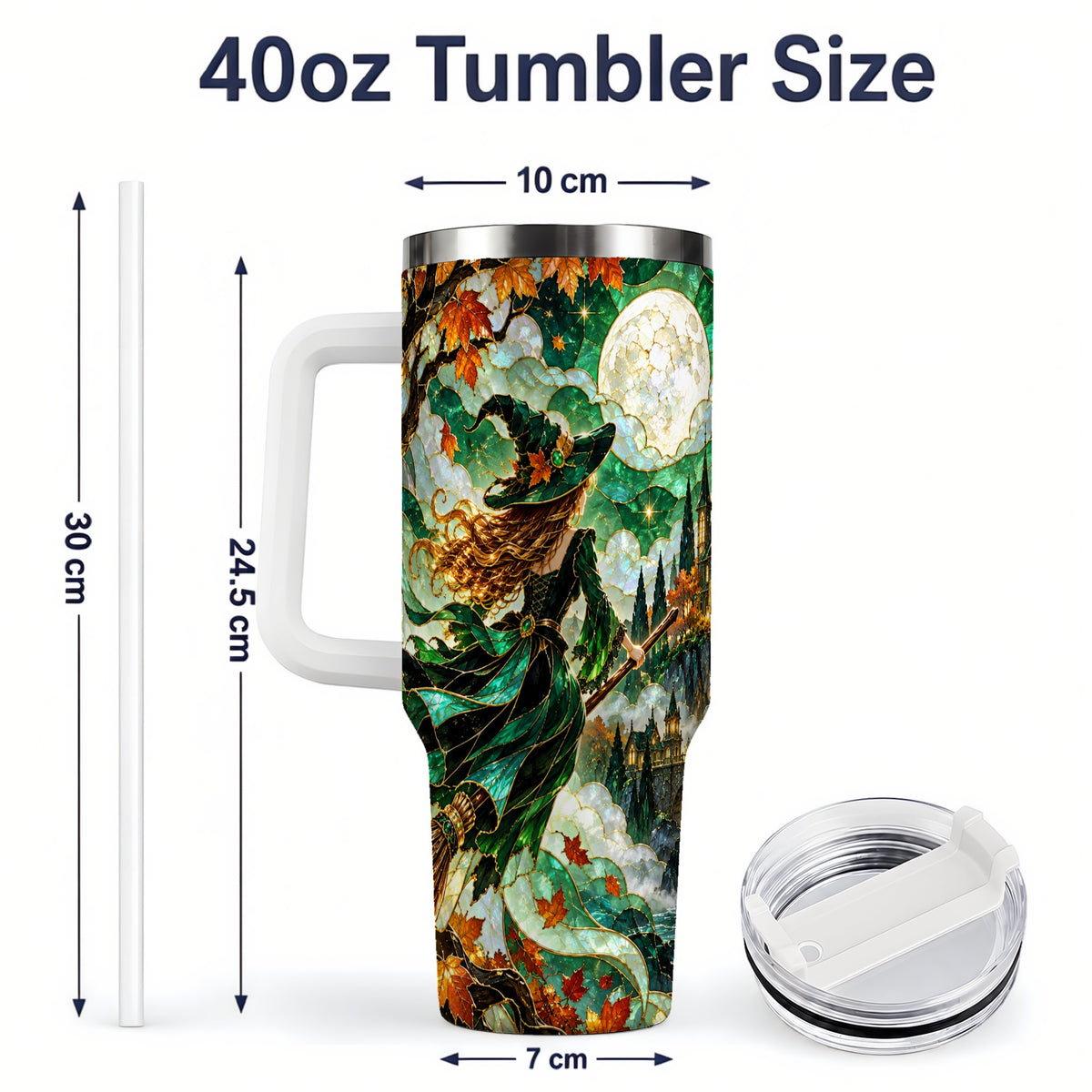 #pl[40oz|White] Autumn Witch 40oz Tumbler with Moon, Castle and Fall Leaf Artwork