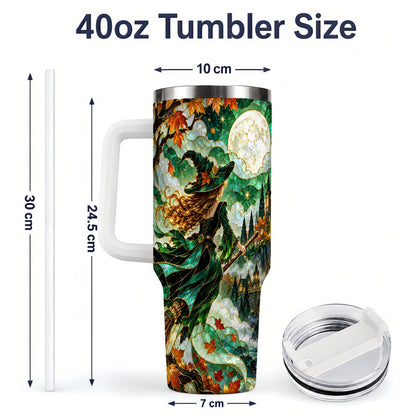 #pl[40oz|White] Autumn Witch 40oz Tumbler with Moon, Castle and Fall Leaf Artwork