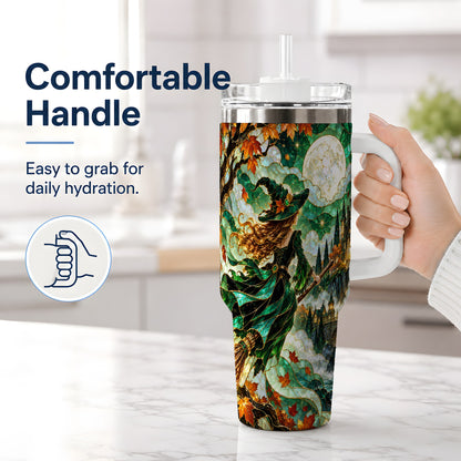 #pl[40oz|White] Autumn Witch 40oz Tumbler with Moon, Castle and Fall Leaf Artwork
