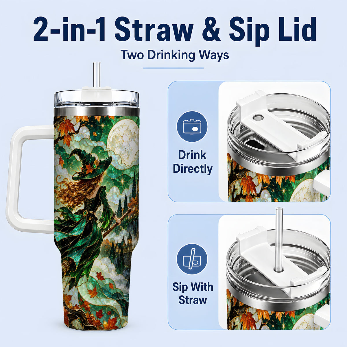 #pl[40oz|White] Autumn Witch 40oz Tumbler with Moon, Castle and Fall Leaf Artwork