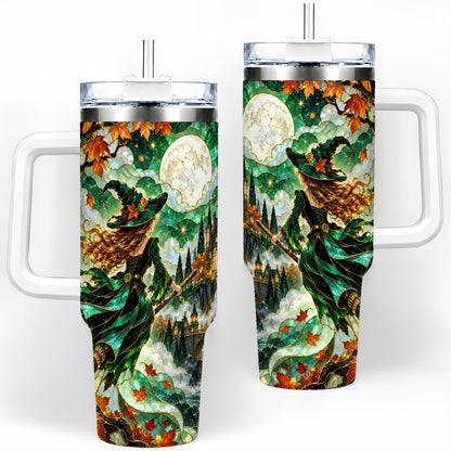 Autumn Witch 40oz Tumbler with Moon, Castle and Fall Leaf Artwork