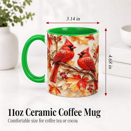 #pl[11oz|Green] Autumn Cardinal Ceramic Mug with Maple Leaves and Berry Artwork