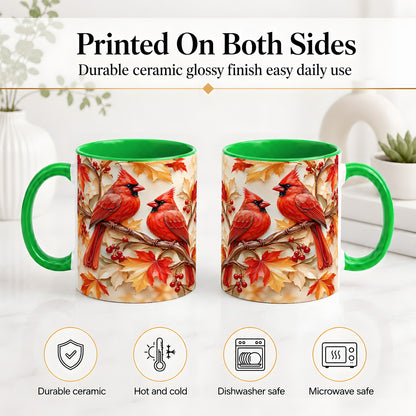 #pl[11oz|Green] Autumn Cardinal Ceramic Mug with Maple Leaves and Berry Artwork