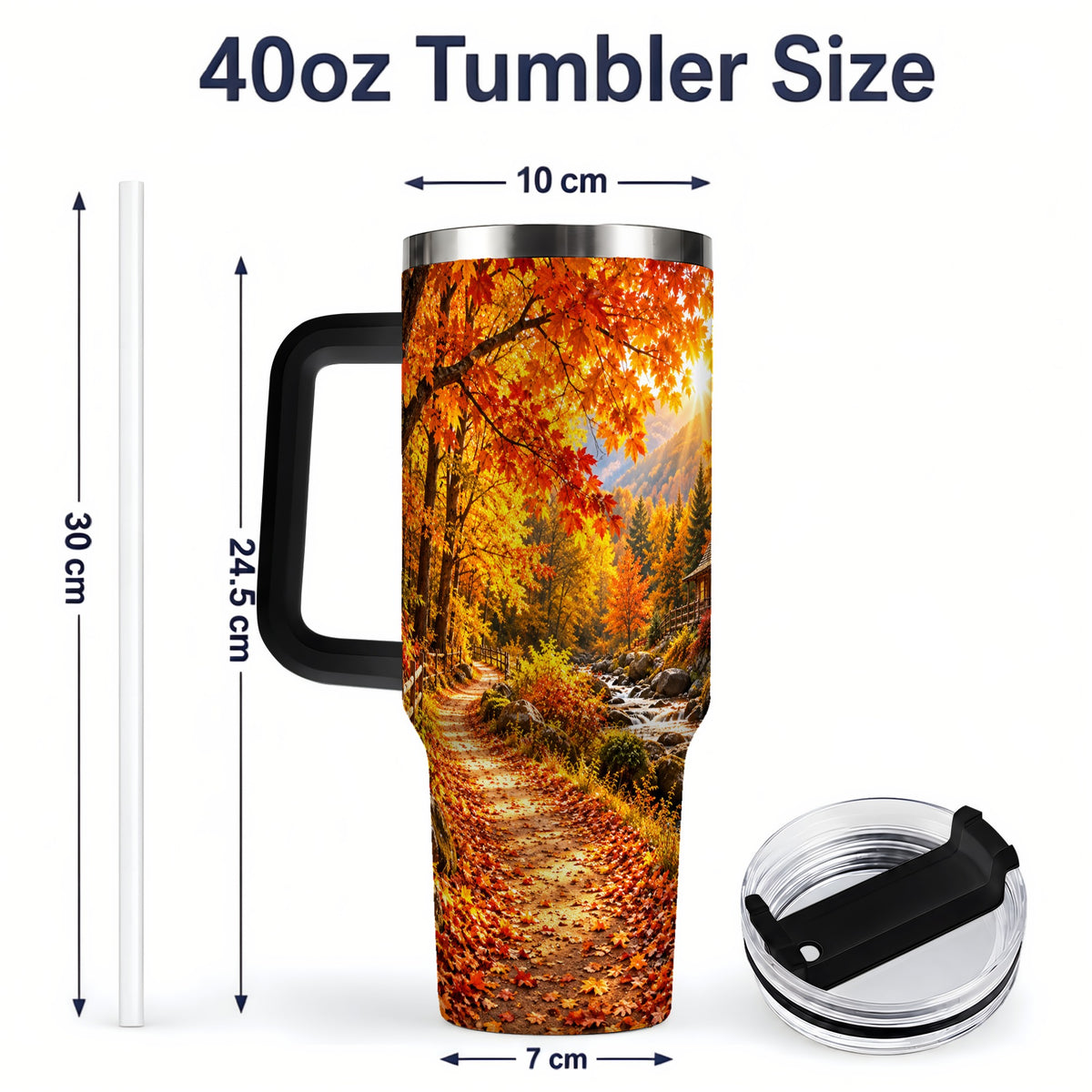 #pl[40oz|Black] Autumn Cabin 40oz Tumbler with Forest, Creek and Fall Leaf Artwork