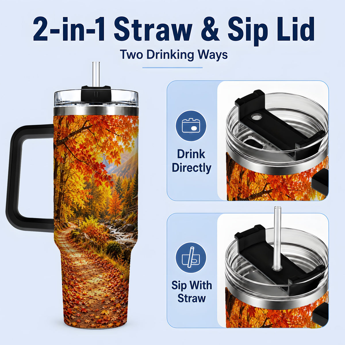 #pl[40oz|Black] Autumn Cabin 40oz Tumbler with Forest, Creek and Fall Leaf Artwork