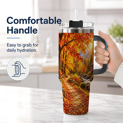#pl[40oz|Black] Autumn Cabin 40oz Tumbler with Forest, Creek and Fall Leaf Artwork
