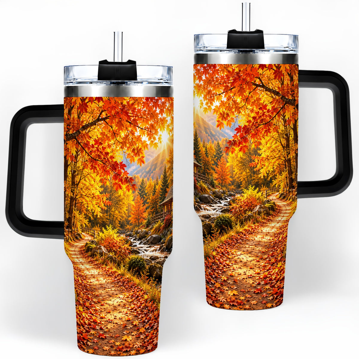 #pl[40oz|Black] Autumn Cabin 40oz Tumbler with Forest, Creek and Fall Leaf Artwork