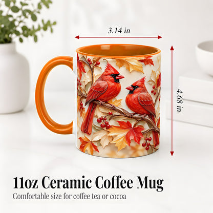 #pl[11oz|Orange] Autumn Cardinal Ceramic Mug with Maple Leaves and Berry Artwork