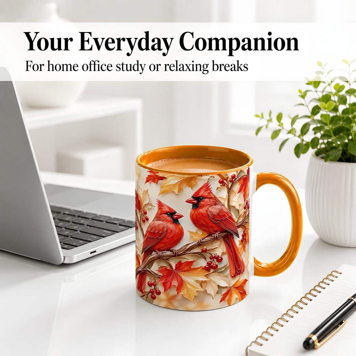 #pl[11oz|Orange] Autumn Cardinal Ceramic Mug with Maple Leaves and Berry Artwork