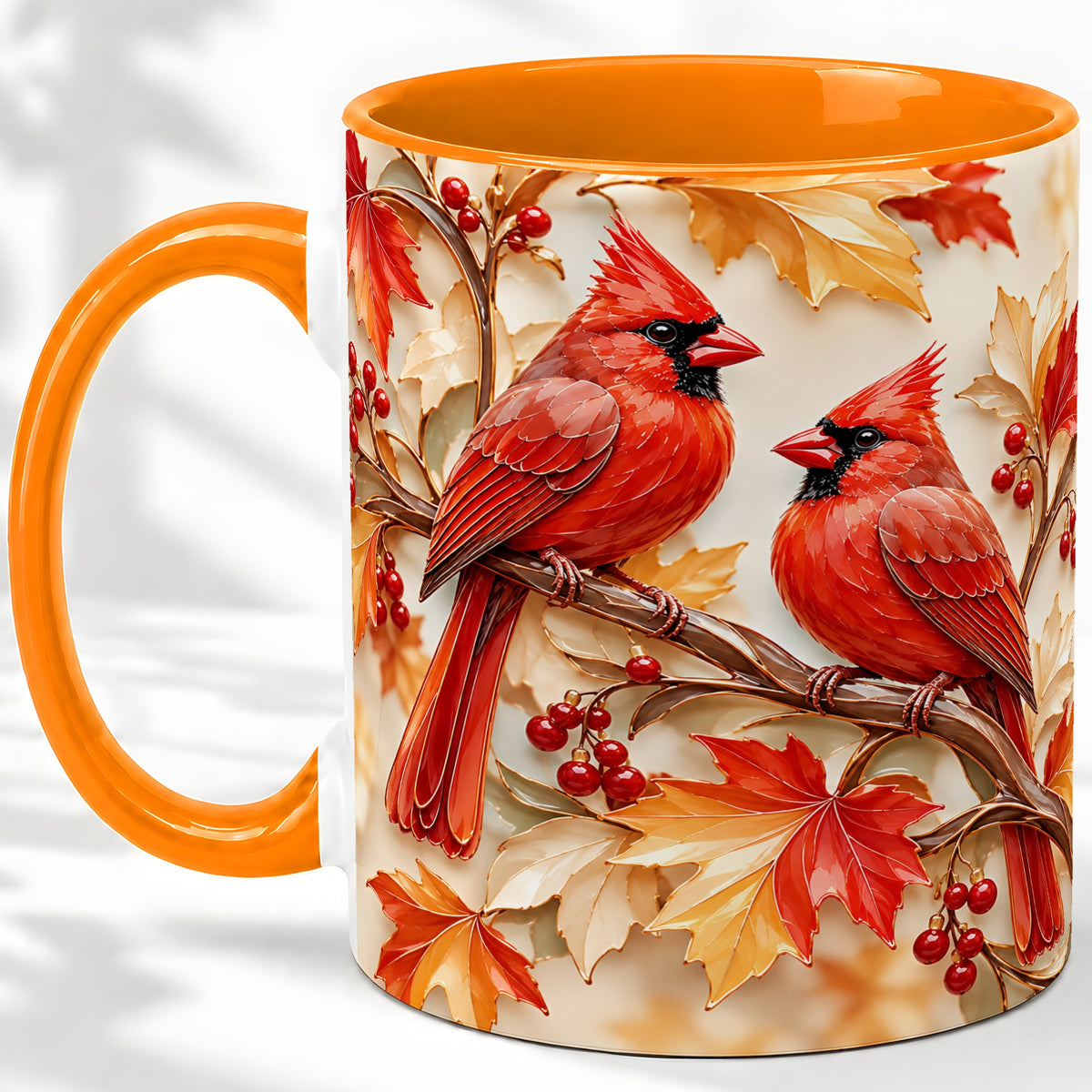#pl[11oz|Orange] Autumn Cardinal Ceramic Mug with Maple Leaves and Berry Artwork