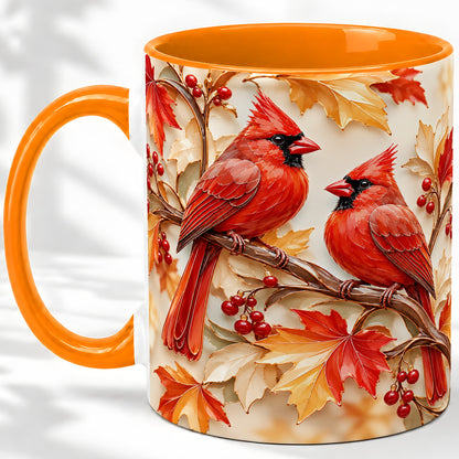 #pl[11oz|Orange] Autumn Cardinal Ceramic Mug with Maple Leaves and Berry Artwork