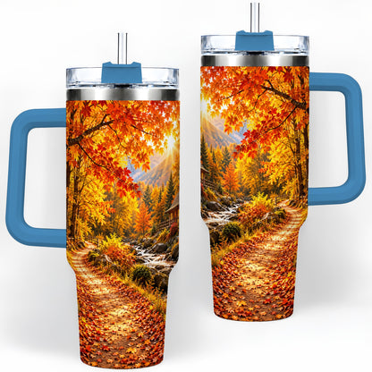 #pl[40oz|Blue] Autumn Cabin 40oz Tumbler with Forest, Creek and Fall Leaf Artwork