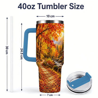 #pl[40oz|Blue] Autumn Cabin 40oz Tumbler with Forest, Creek and Fall Leaf Artwork