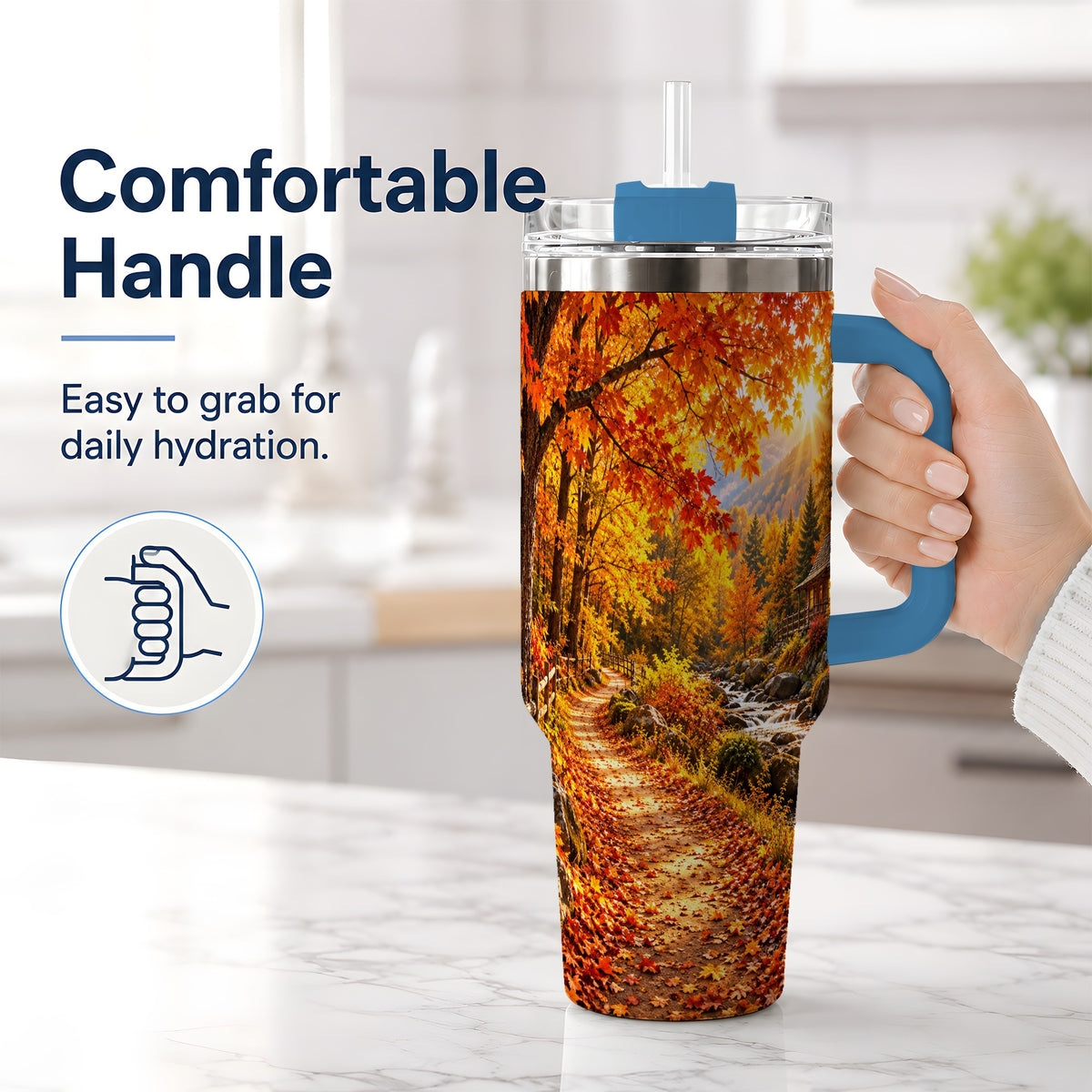 #pl[40oz|Blue] Autumn Cabin 40oz Tumbler with Forest, Creek and Fall Leaf Artwork