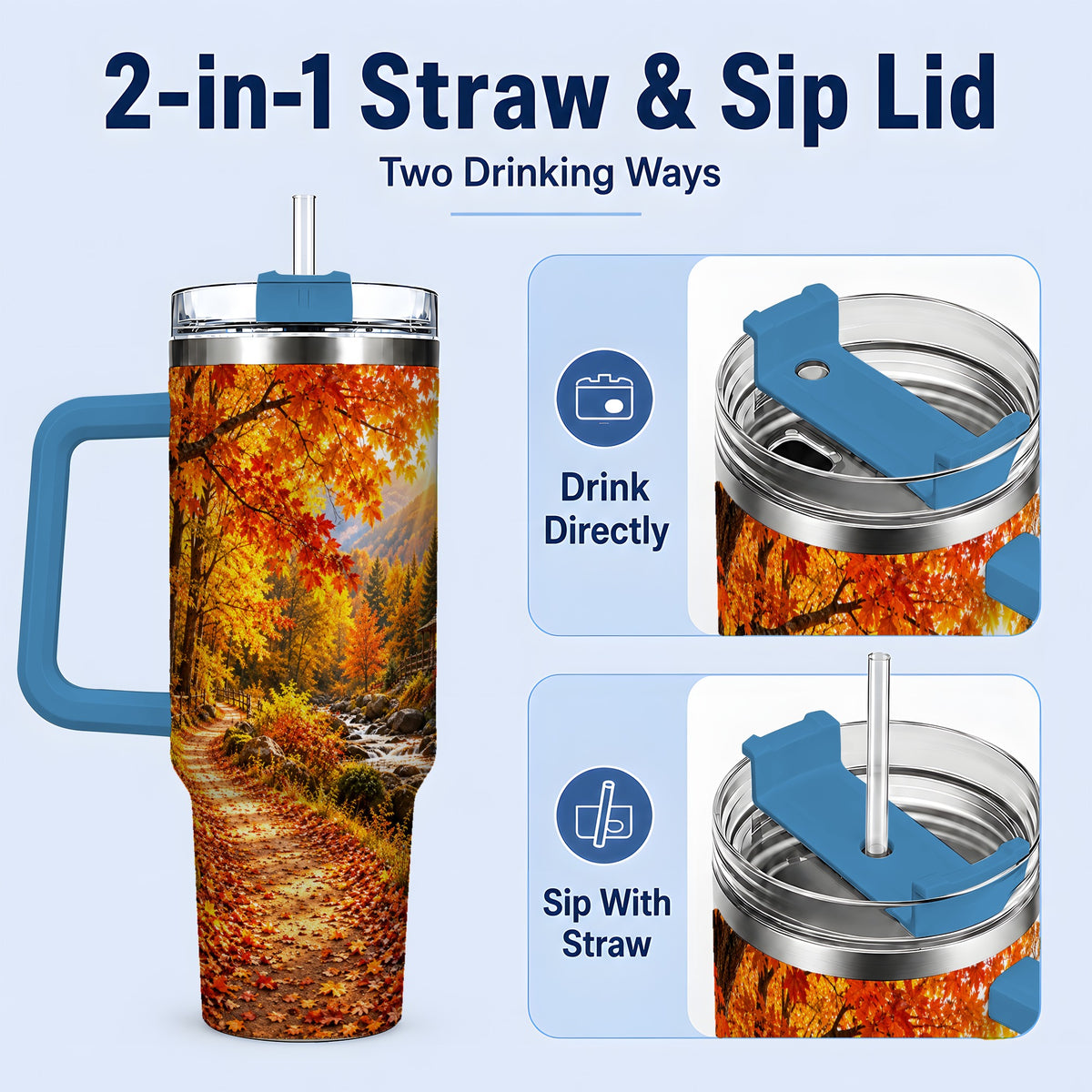#pl[40oz|Blue] Autumn Cabin 40oz Tumbler with Forest, Creek and Fall Leaf Artwork