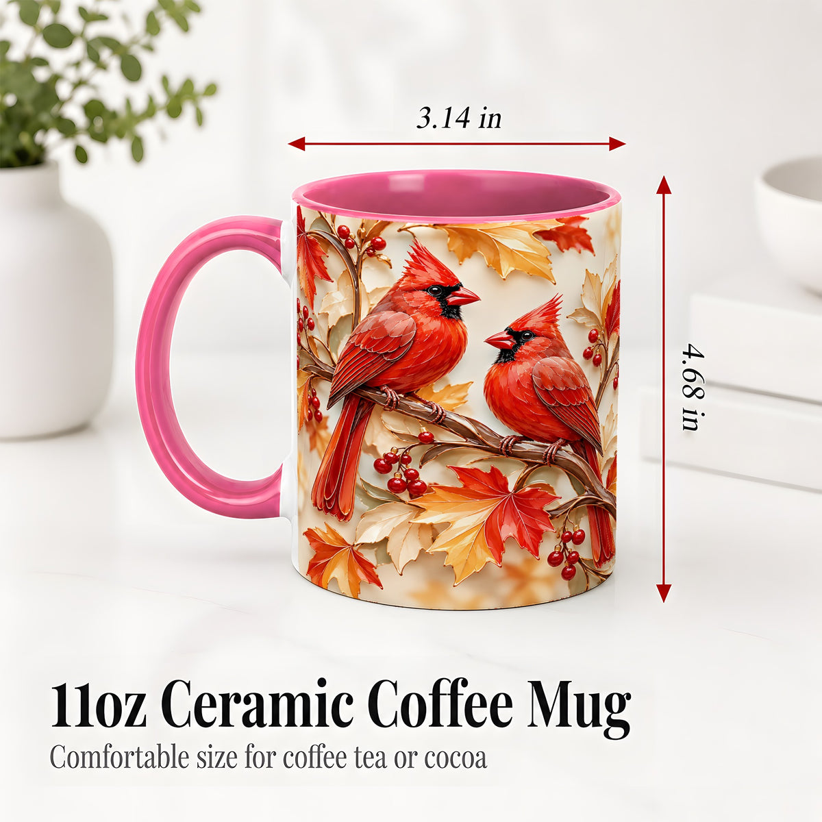 #pl[11oz|Pink] Autumn Cardinal Ceramic Mug with Maple Leaves and Berry Artwork