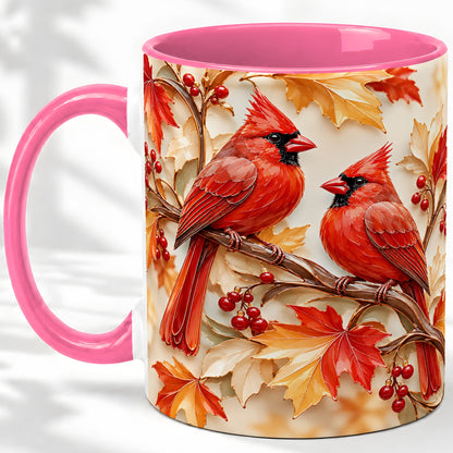 #pl[11oz|Pink] Autumn Cardinal Ceramic Mug with Maple Leaves and Berry Artwork