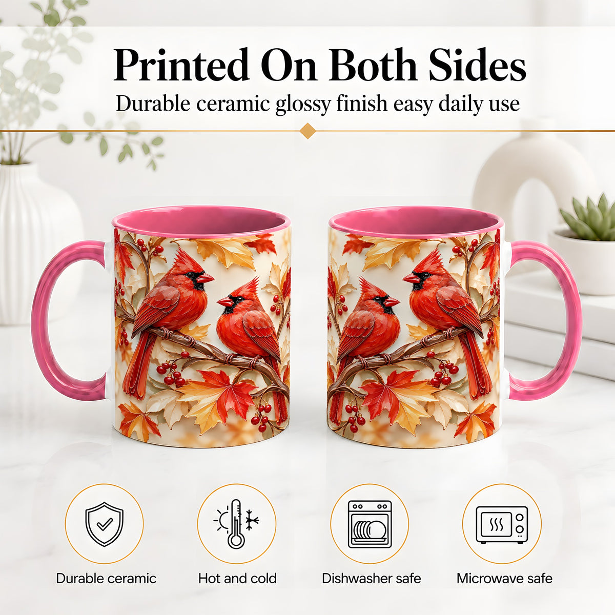 #pl[11oz|Pink] Autumn Cardinal Ceramic Mug with Maple Leaves and Berry Artwork