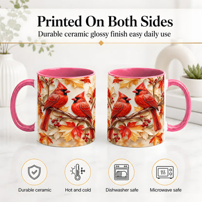 #pl[11oz|Pink] Autumn Cardinal Ceramic Mug with Maple Leaves and Berry Artwork