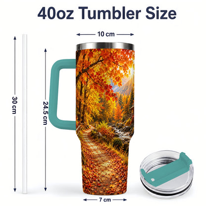 #pl[40oz|Green] Autumn Cabin 40oz Tumbler with Forest, Creek and Fall Leaf Artwork