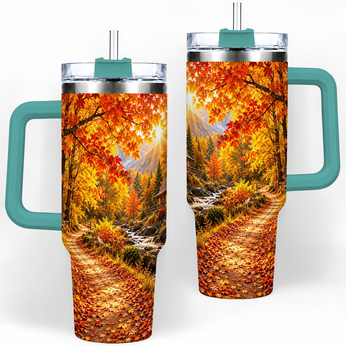 #pl[40oz|Green] Autumn Cabin 40oz Tumbler with Forest, Creek and Fall Leaf Artwork