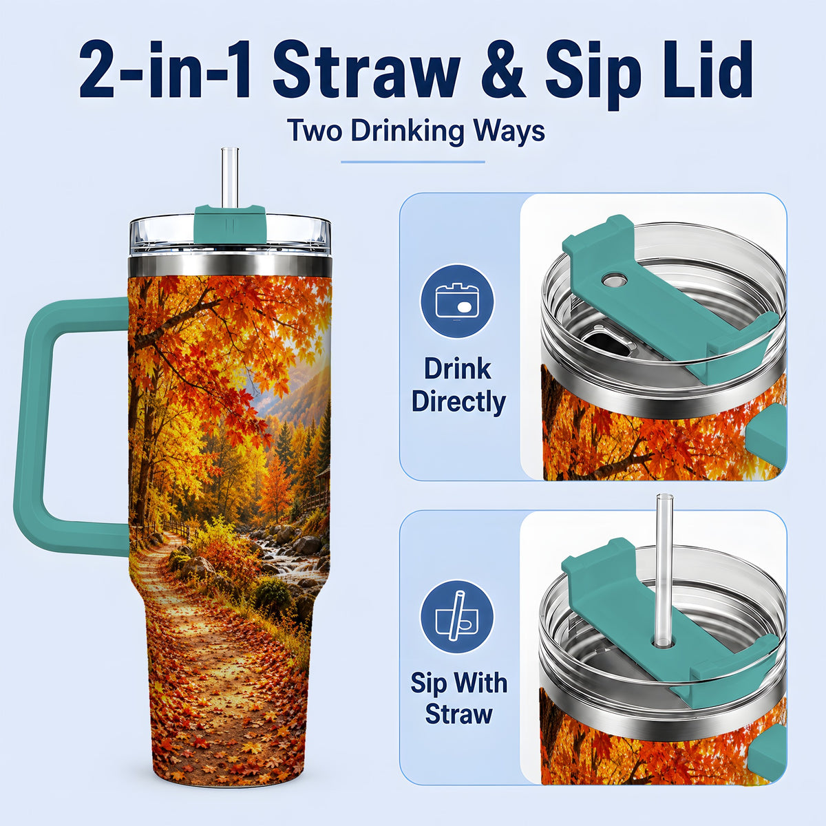 #pl[40oz|Green] Autumn Cabin 40oz Tumbler with Forest, Creek and Fall Leaf Artwork