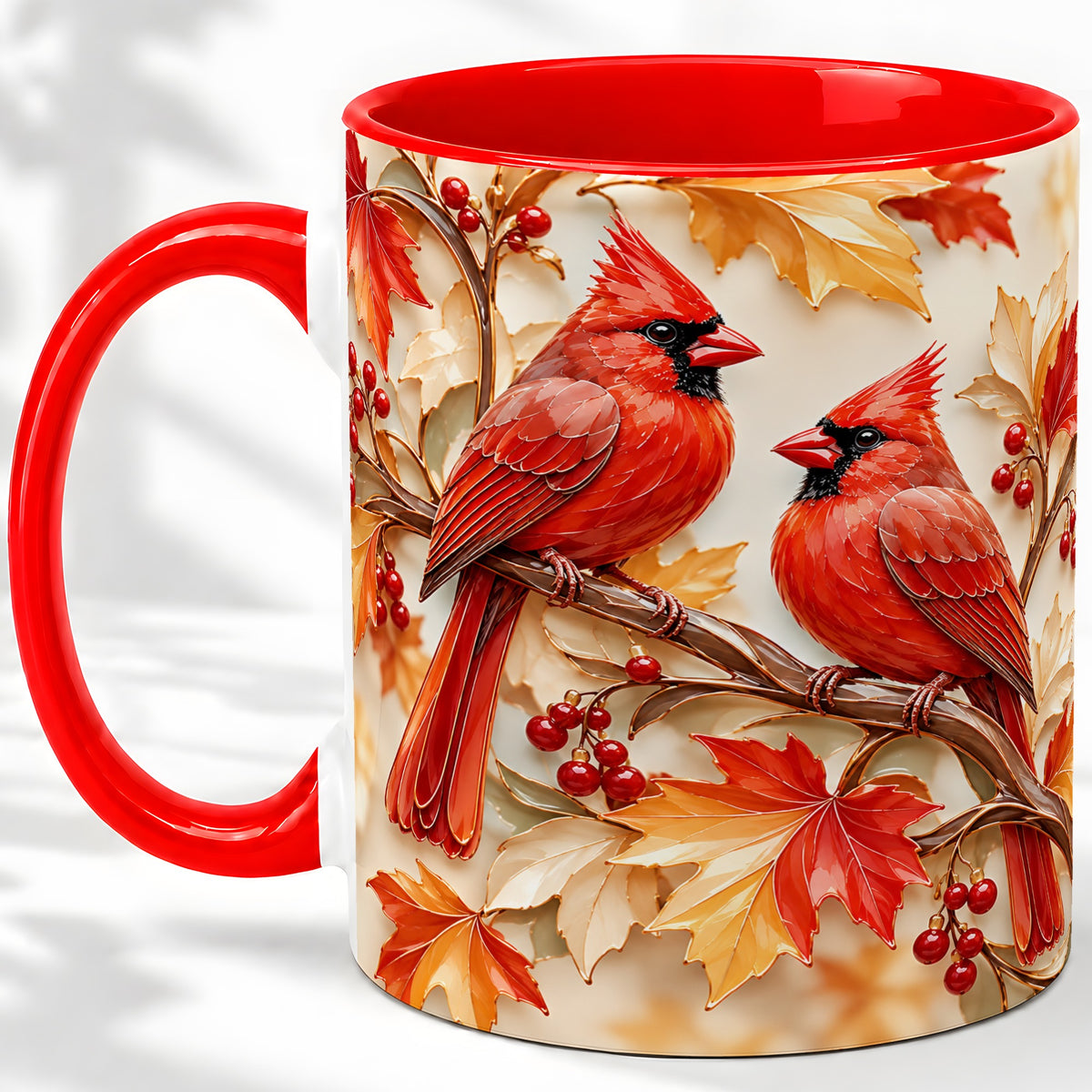 Autumn Cardinal Ceramic Mug with Maple Leaves and Berry Artwork