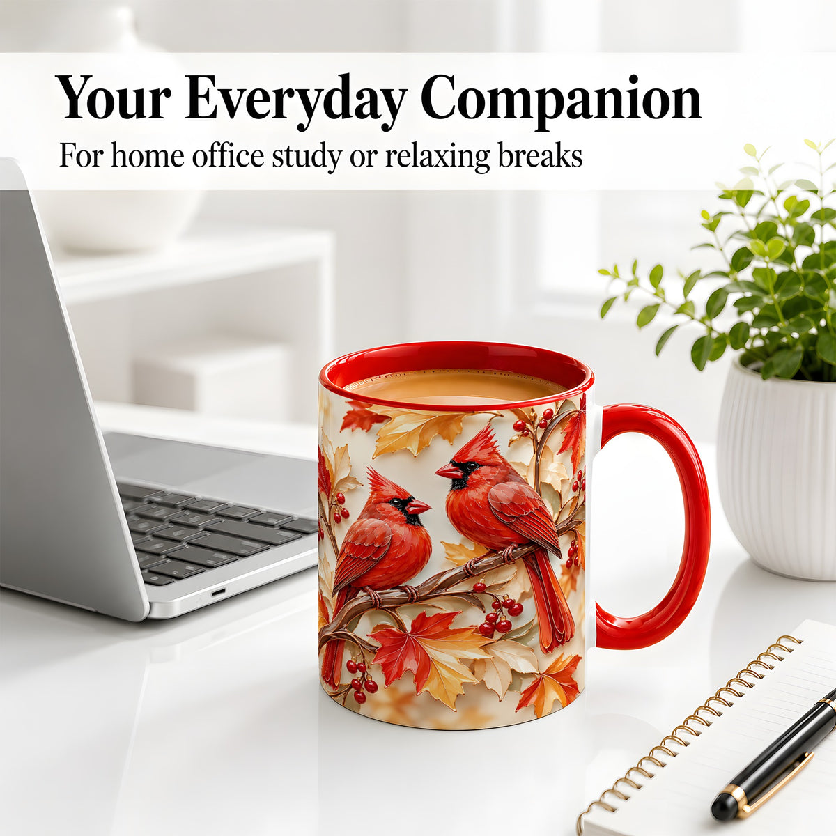 #pl[11oz|Red] Autumn Cardinal Ceramic Mug with Maple Leaves and Berry Artwork