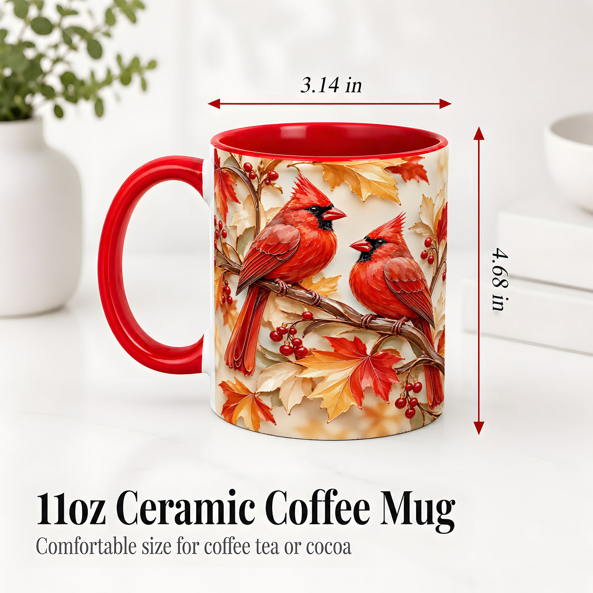 #pl[11oz|Red] Autumn Cardinal Ceramic Mug with Maple Leaves and Berry Artwork