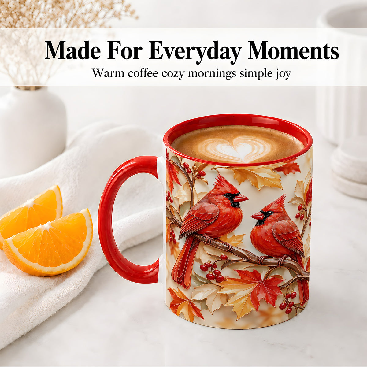 #pl[11oz|Red] Autumn Cardinal Ceramic Mug with Maple Leaves and Berry Artwork