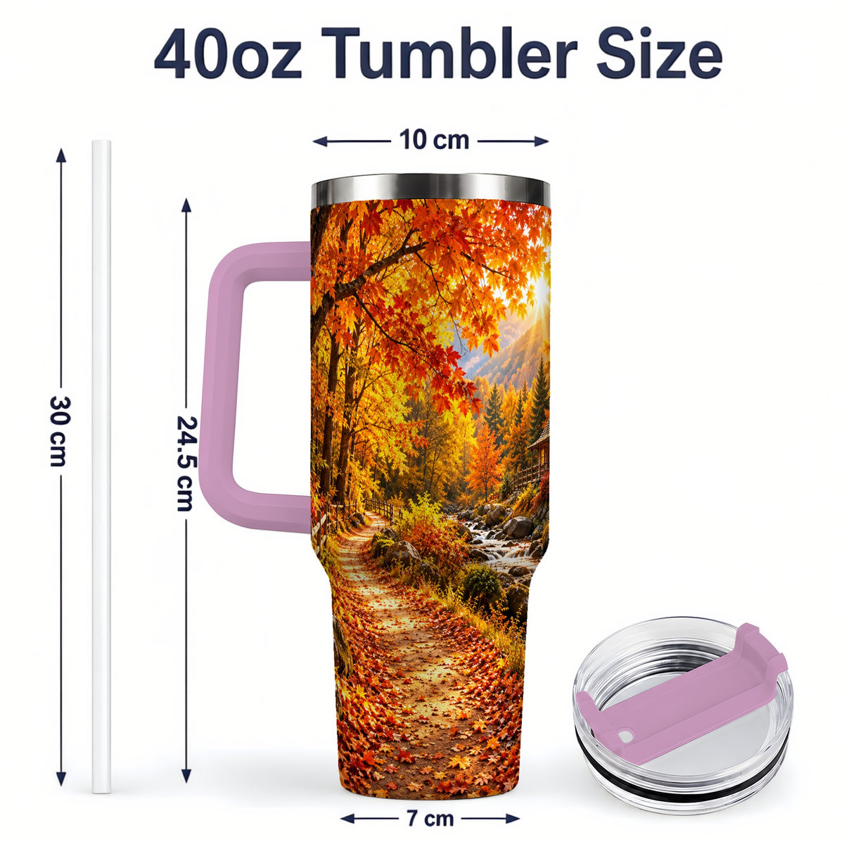 #pl[40oz|Pink] Autumn Cabin 40oz Tumbler with Forest, Creek and Fall Leaf Artwork