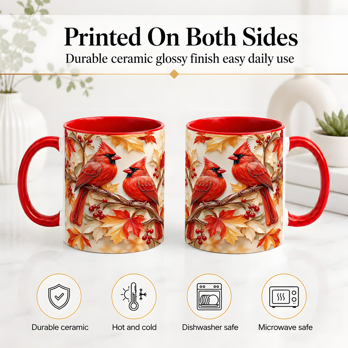 #pl[11oz|Red] Autumn Cardinal Ceramic Mug with Maple Leaves and Berry Artwork